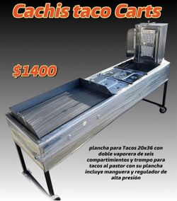 plancha para Tacos 20x36 con doble vaporera de seis compartimientos y trompo para tacos al pastor con su plancha incluye manguera y regulador de alta 