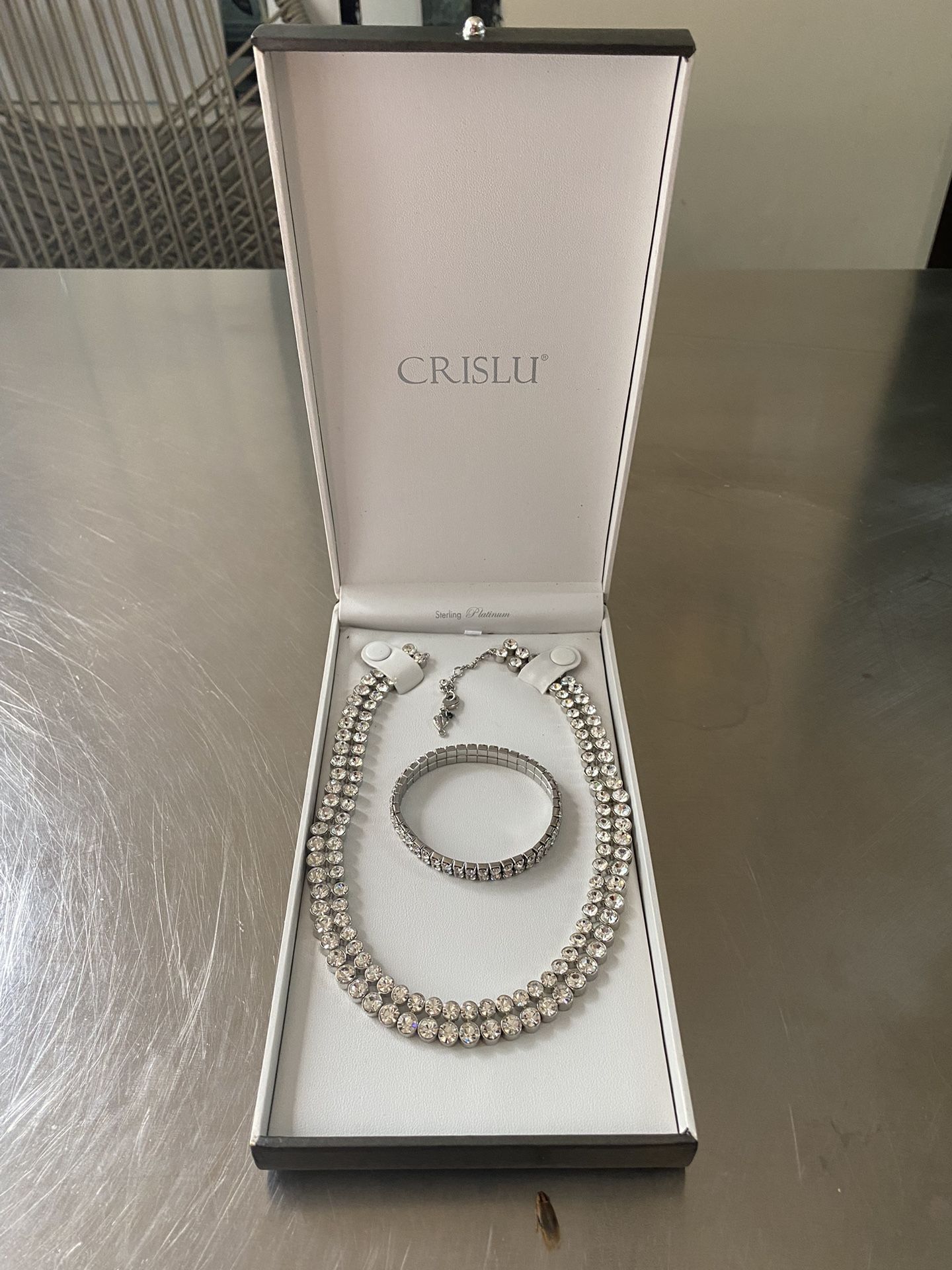 Crislu sterling platinum necklace and stretch bracelet set
