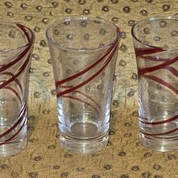 Set of 3 Red ribbon or swirl Shot Glasses, very nice set. Hand Blown Glasses