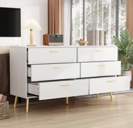 White 6-Drawers 47.2 in. W Dresser Accent Storage Cabinet Organizer Chest of Drawer With Metal Leg