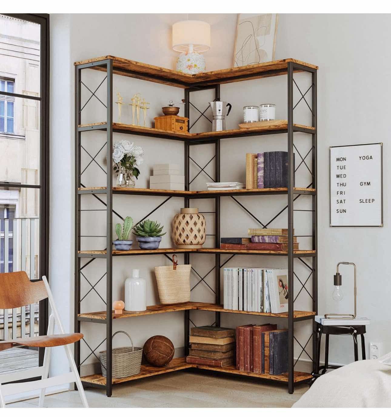 Office 6-Shelf Corner Bookcase, Vintage Industrial T-3
