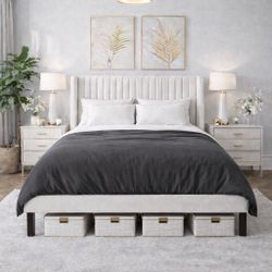 White Velvet Wingback Full Size Bed Frame With Mattress 