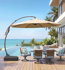 New - 12FT Sunbrella Cantilever Patio Umbrella – Flax/Tan – Base NOT Included