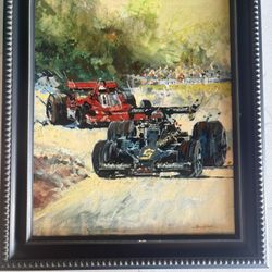 Kerry Hallam (UK/USA),  1970’s Formula 1 Painting On Canvas Signed! 19.5” X 15