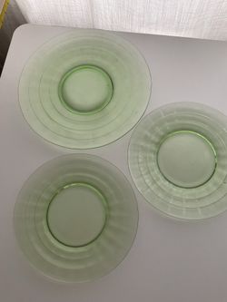 Green Vintage Glass plates: 2 small 8 3/4” and 1 large 10”