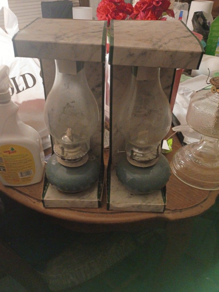 Pair of Hobnail Oil Lamps