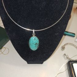 Turquoise Set In Sterling W/ Sterling Hoop Necklace 