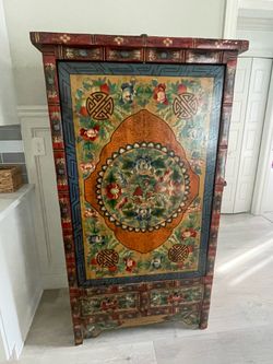 Vintage Tibetan Hand-Painted Bar Cabinet / Wine Rack 66 tall x34 wide x18 deep