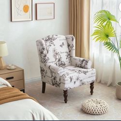 Wingback Accent Chair, Upholstered Mid Century Modern Armchair with Solid Wood Legs, Fabric Linen Leisure Single Sofa Chair for Living Room, Bedroom,