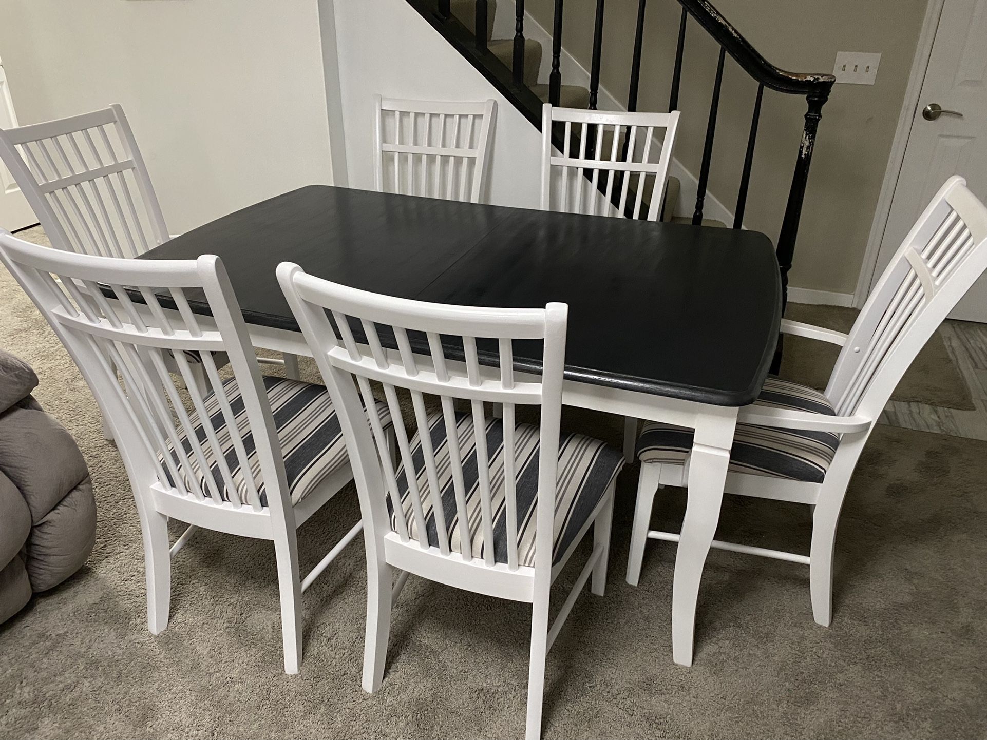 Refinished Dining table with leaf and 6 chairs ( charcoal / white ), new fabric