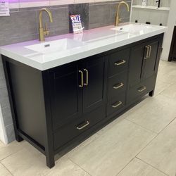 72” Bathroom Vanity Cabinet New Solid Wood Fully Assembled Softclose Drawers Doors White Top 2 Sinks Attached Ready For Pick Up Today