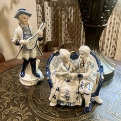 VTG Rare Find Collectible Cobalt Blue & White Victorian  era Aristocrat Cording Couple French Style Gilt Two Seater Sofa figurine statue 