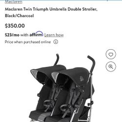 Maclaren Twin Triumph Double Umbrella stroller with matching Footmuffs and umbrella cover