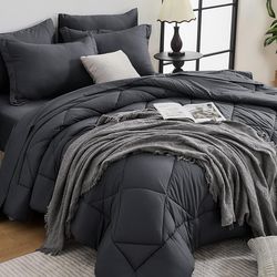 HEVUMYI 7 Pieces Queen Comforter Set, All Season Reversible Bed in a Bag, Dark Grey