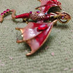 Red Dragon Brooch/Pendant W Crystal Gold Accents - 70mm Across
