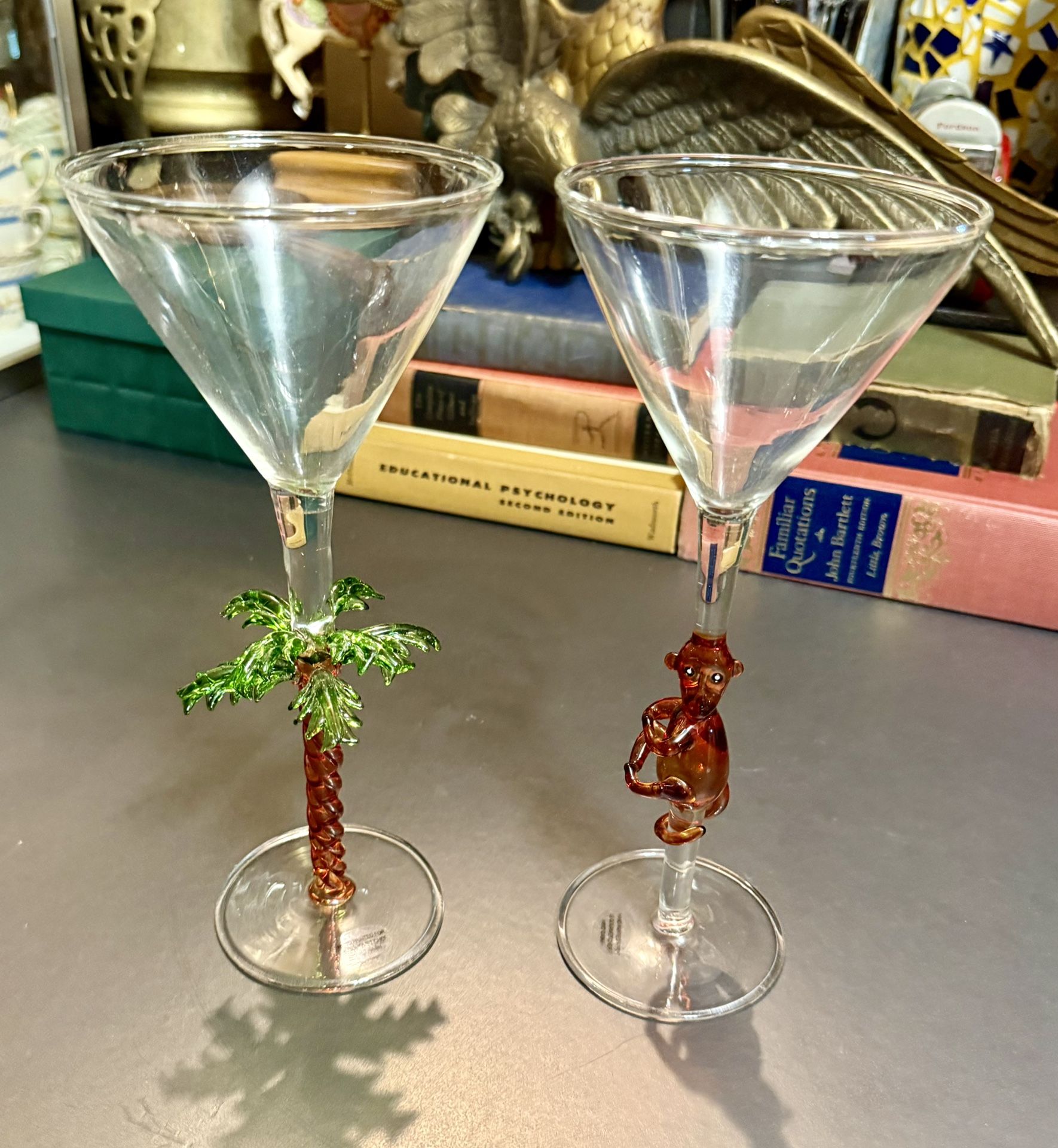 Set Of 2 Hand Blown Art 10” Martini Glasses Monkey Palm Tree By Yurana Design