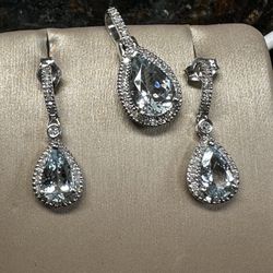 Blue Topaz Diamond Earrings And Pendant Set 10k White Gold