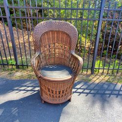 Vintage Antique Style Brown High Back Wicker Chair