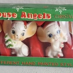 Hand painted MCM Vtg Christmas Comic Mouse Angels, Anthropomorphic Mice -In Box