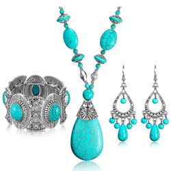 3 Pieces Bohemian Turquoise Set Turquoise Pendant Necklace, Vintage Turquoise Dangle Earrings, Stretchable Turquoise Bracelet for Women Boho Jewelry S