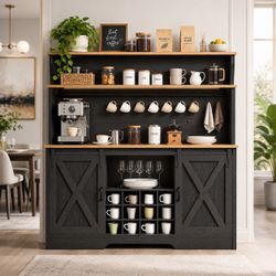 New BestHaped 55'' Farmhouse Coffee Bar Cabinet with 3 Tier Storage Hutch, Coffee Bar Station with Sliding Barn Door, Hutch Storage Cabinet with 12 Wi