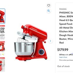 PHISINIC Stand Mixer, 800W Tilt-Head 6.5 Quart 6+P Speed Food Mixer All-Metal Shell, Kitchen Mixer with Dough Hook, Mixing Beater, Wire Whisk, Red OR 