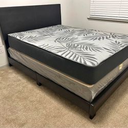 Brown & Black Queen Size Bed With Mattress + Box Spring + Free Delivery