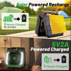 20000mAh Camping Fan Rechargeable with Lantern for Camping, Battery Powered Fan with 8W Solar Panel, Timer, USB-C, 3 Speeds Table Fan for Camping Trav