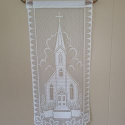 Vtg Lace Wall Hanging Country Church Tapestry 12" X 27" Plus Holder