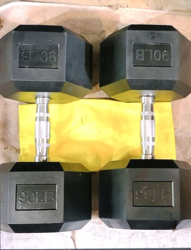 PAIR OF NEW 90 POUND RUBBER DUMBBELLS