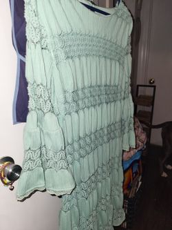 Mint Green Lace Trim Bell Sleeve Dress