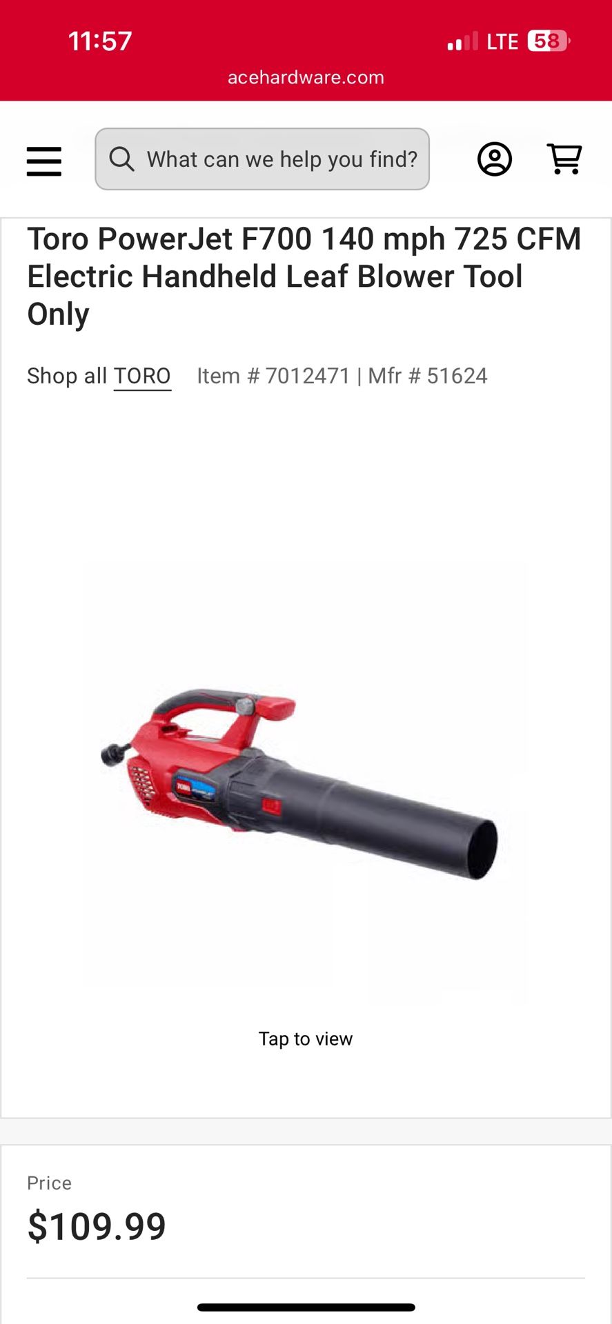 Toro PowerJet F700 140 mph 725 CFM Electric Handheld Leaf Blower Tool Only  