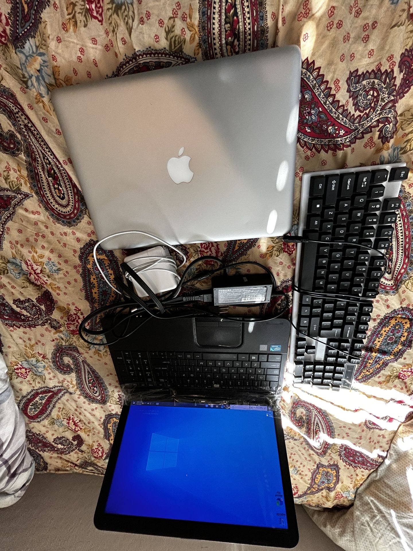 MacBook Pro 2012, Toshiba laptop, keyboard and chargers for both Mac and windows