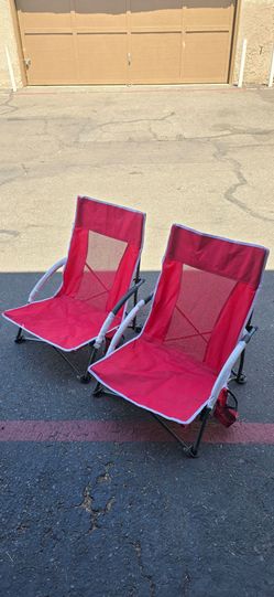 Set of 2 Red Folding Low Beach Chairs