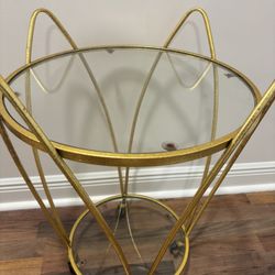 Hollywood Regency Vintage Gold Metal & Glass Tulip Bar Cart