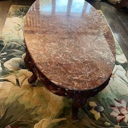 Hand-Carved Solid Wood & Marble Oval Coffee Table – 47”