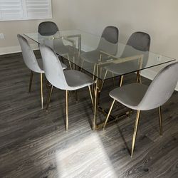 Modern Glass Dining Set With Gray Velvet Chairs For 6 People