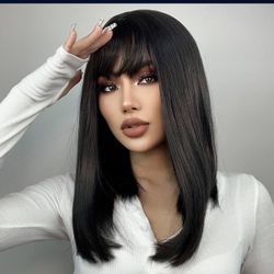 Women Black Wig with Bangs Long Straight Black Wig Synthetic