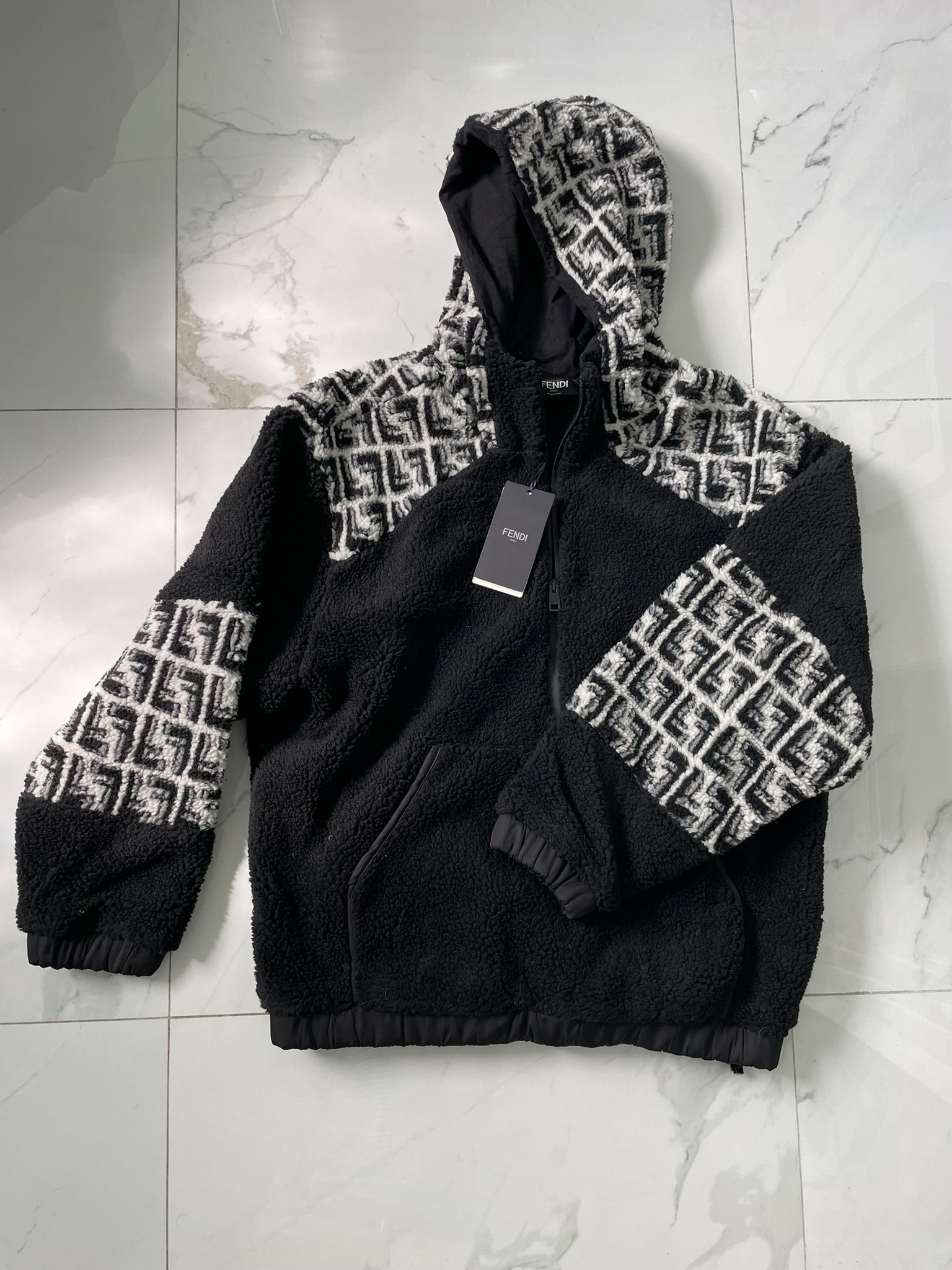 Fendi FF Monogram Fleece Hoodie Sweatshirt Jacket