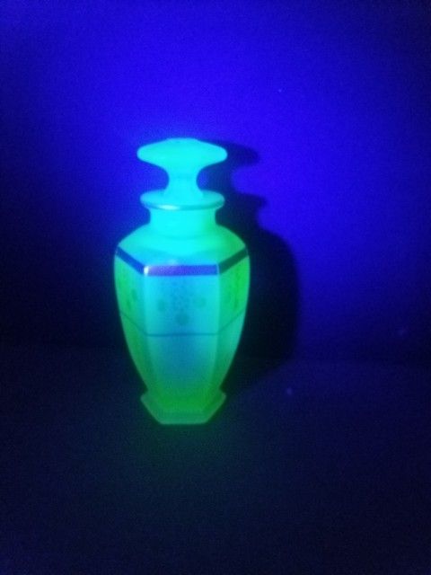 RARE URANIUM Perfume Bottle - Antique Vintage Green Glass Frosted Depression Glassware Cologne Beauty