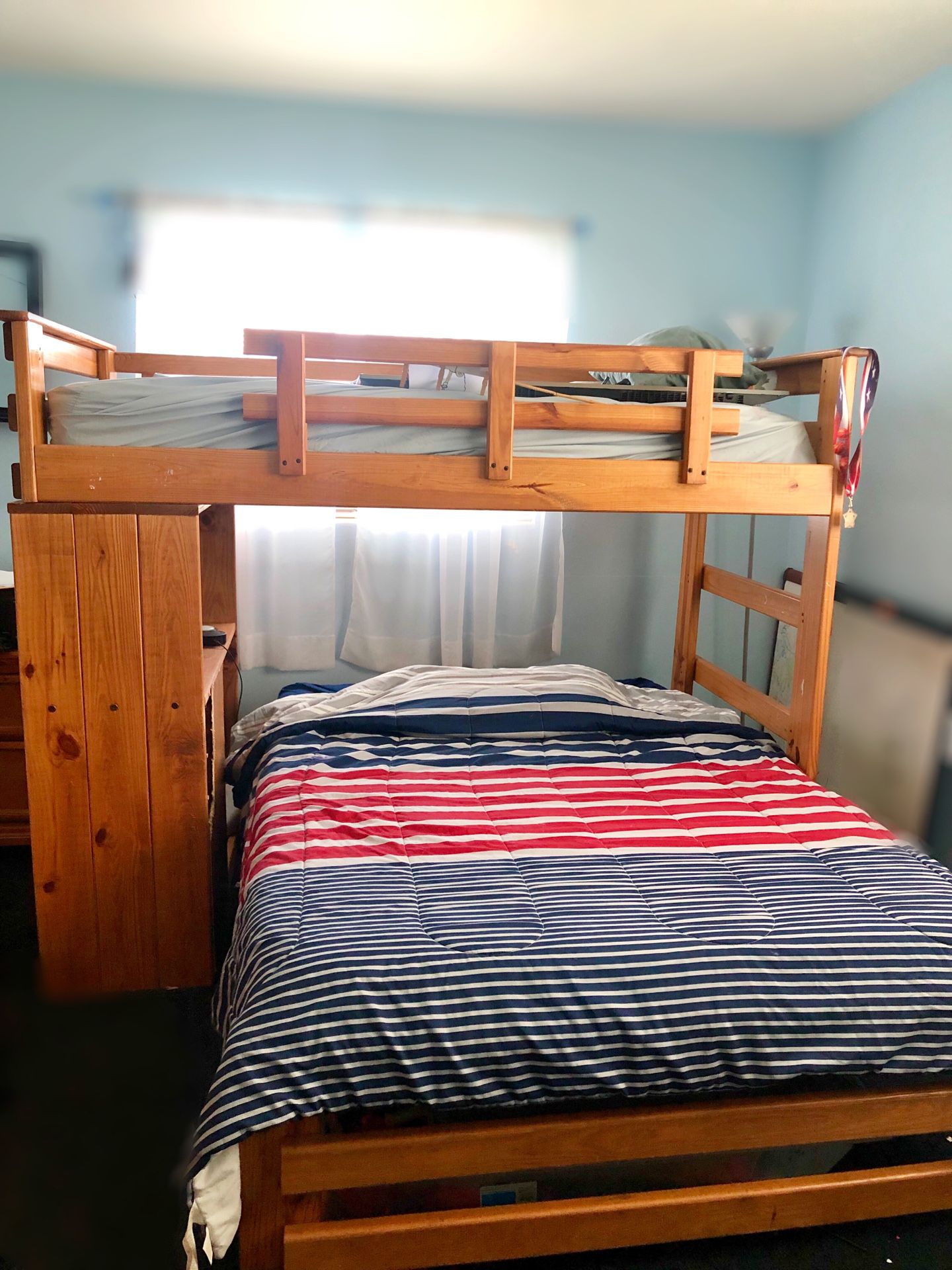 Solid wood bunk bed with desk, drawers and mattresses