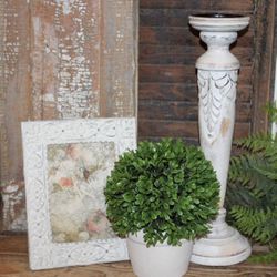 NEW! French Country Farmhouse Cottage Candle Holder Picture Frame & Boxwood Topiary