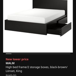 Black-brown High Bed Fran With 2 Storage Drawers. King Size Memory foam Mattress  