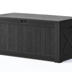 New Resin Deck Box 120 Gallon Waterproof Large Outdoor Indoor Storage Box Imitation Wood Resin for Patio Furniture Garden Tools and Pool (Black
