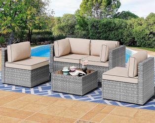 5 Pieces Outdoor Patio Furniture Sets, Patio Sectional Sofa Couch, Gray PE Wicker Furniture Modular Patio Conversation Sets Patio Sofa with Washable C