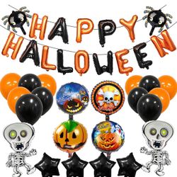 New 38Pcs Halloween Balloons for Halloween Party Decoration with Dancing Skeletons, Pentagram Black,Halloween Pumkin Balls, Spider, Latex Balloons, Al