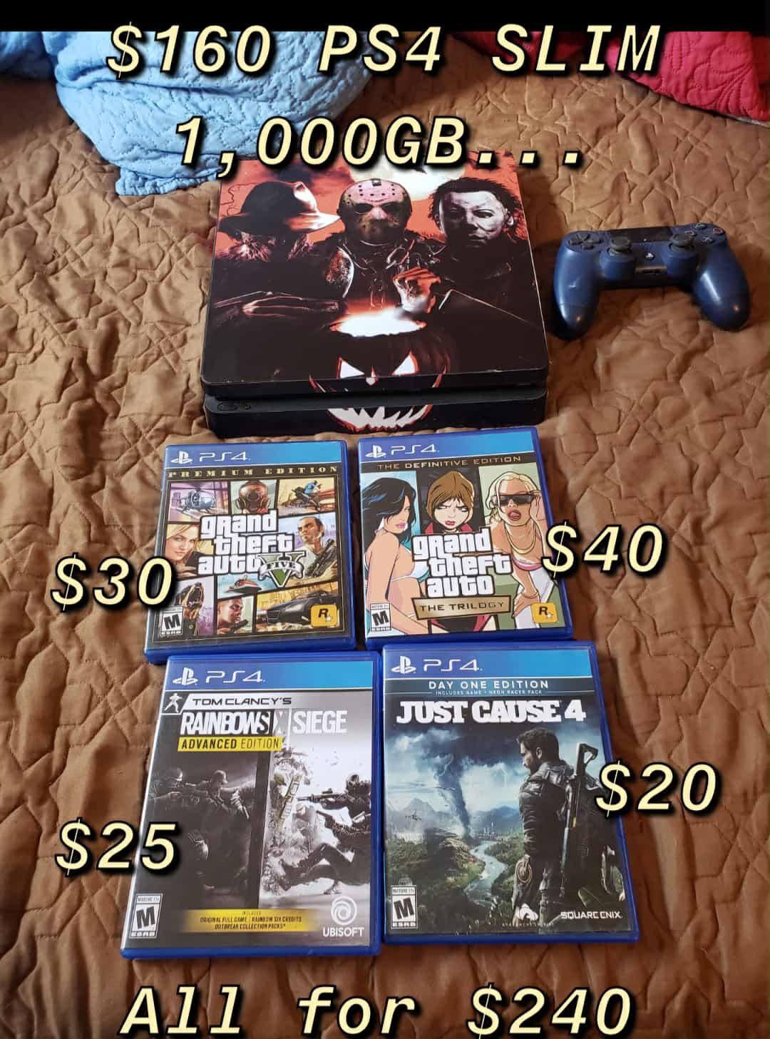 Halloween Playstation 4 Slim 1TB 1,000GB Combo Deal. Each Picture Has their Prices.. Residents evil zombies call of duty anime Minecraft fighting raci