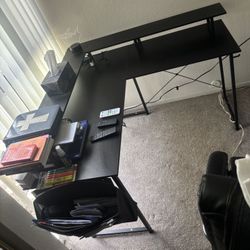 L-Shaped Corner Desk with Monitor Shelf for Home Office Workstation-Black
