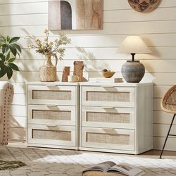 Rattan Night Stand Set of 2 with Drawers, 23" Large 3 Drawer Boho Nightstand, Natural Wood Bedside Table Storage Cabinet, Bed Side End Tables Dresser