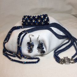 Cobalt Blue Faceted Glass Crystal Beaded Necklace, Bracelet & Earrings Set Stunning Color and Shine 